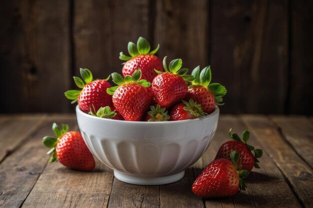 Des fraises délicieuses et juteuses dans un bol blanc sur une table rose.