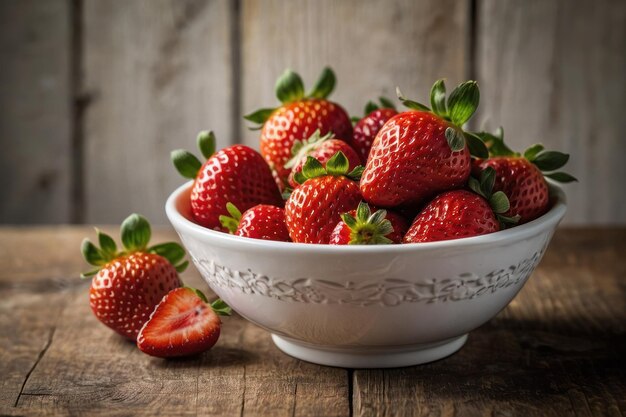 Des fraises délicieuses et juteuses dans un bol blanc sur une table rose.