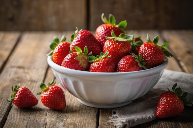 Des fraises délicieuses et juteuses dans un bol blanc sur une table rose.