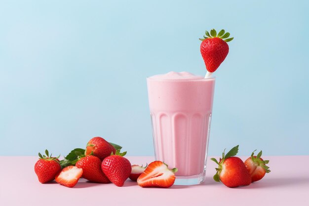 Des fraises une et demie avec un smoothie de cocktail de fraises isolé sur fond blanc