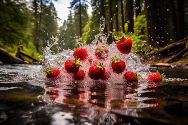 Des fraises éclaboussées dans une rivière de la jungle Une célébration dynamique de la vie rurale