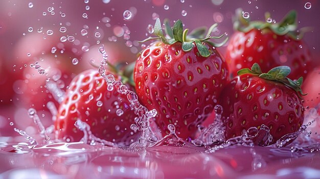 Photo des fraises avec un éclaboussure d'eau