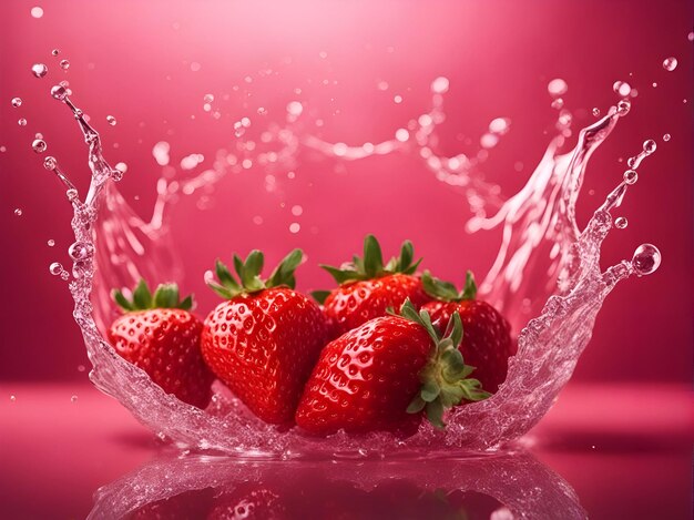 Fraises avec des éclaboussures d'eau sur fond rouge Fraises fraîches