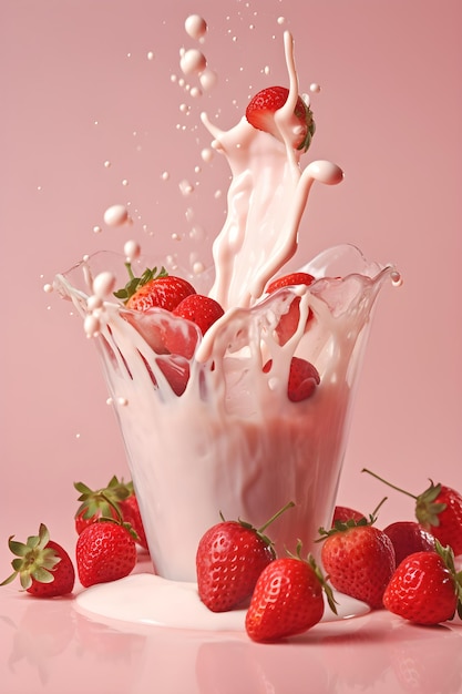 Fraises et éclaboussures de lait sur une table en bois sur fond rose