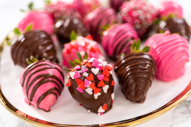 Fraises enrobées de chocolat gastronomique décorées de filets de chocolat et de pépites sur une assiette blanche.