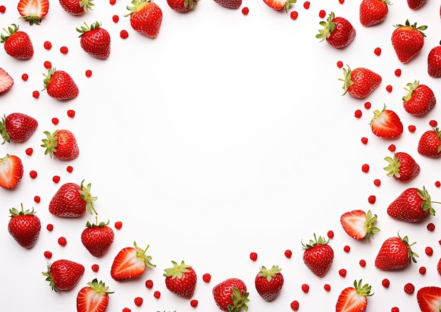 Photo fraises éparpillées sur fond blanc generative ai