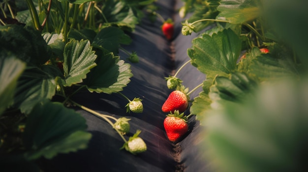 Les fraises de la ferme sont cultivées en rangées.