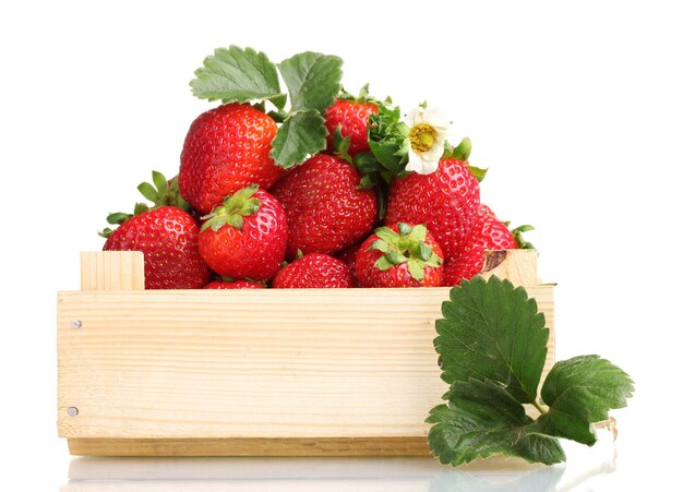 Fraises avec des feuilles dans une boîte en bois isolées sur blanc