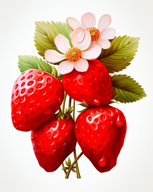 fraises avec feuilles et fleurs sur les branches