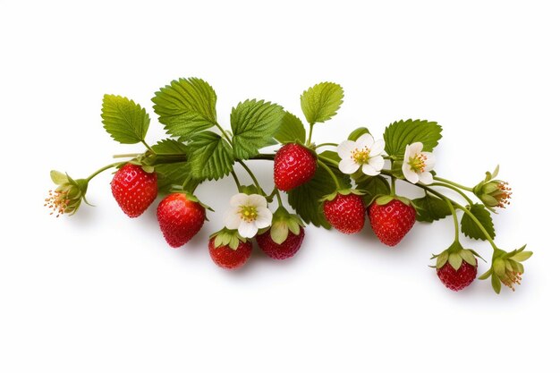 Fraises et feuilles sur fond blanc