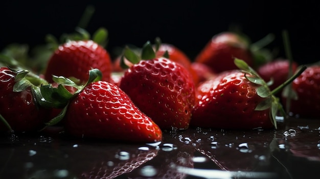 Fraises sur fond noir avec des gouttelettes d'eau