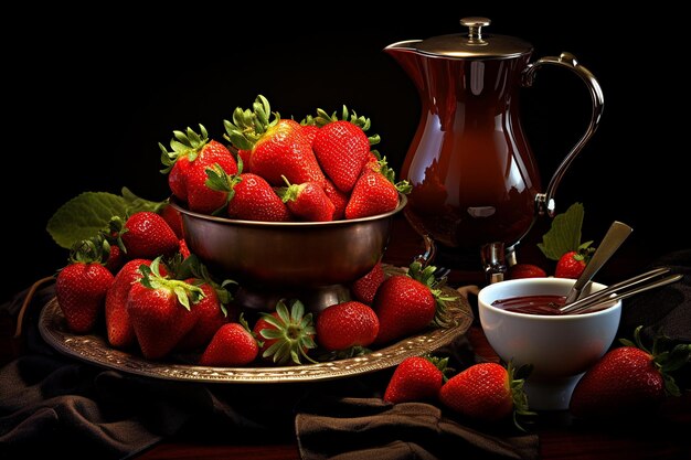 Photo des fraises avec de la fondue au chocolat