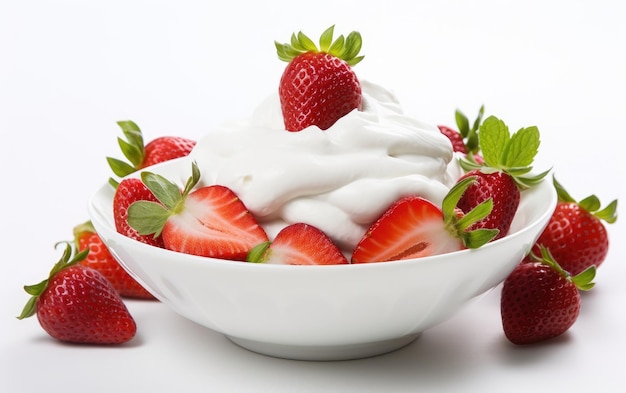Des fraises fraîches avec de la crème fouettée sur fond blanc