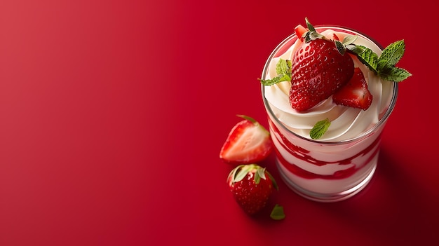 Photo des fraises fraîches et de la crème parfaite dans un verre sur fond rouge