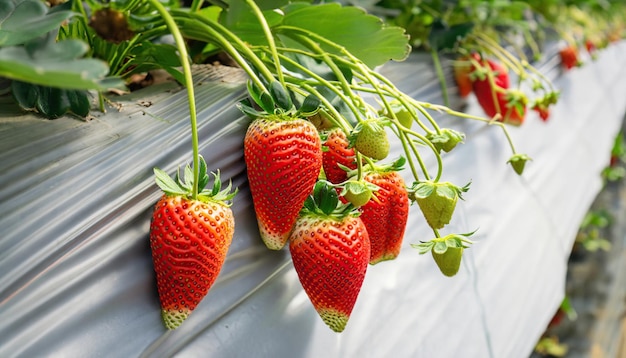 Fraises fraîches cultivées dans des serres