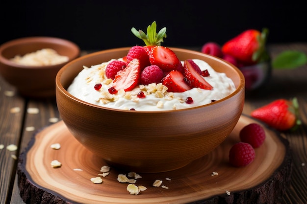 Des fraises fraîches élégamment combinées à du yaourt crémeux dans une composition alimentaire alléchante