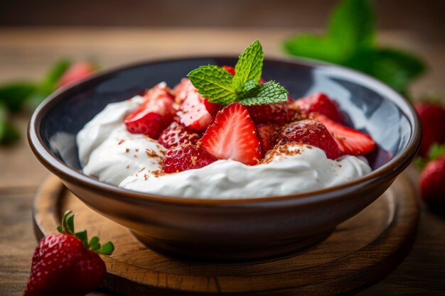 Des fraises fraîches élégamment combinées à du yaourt crémeux dans une composition alimentaire alléchante