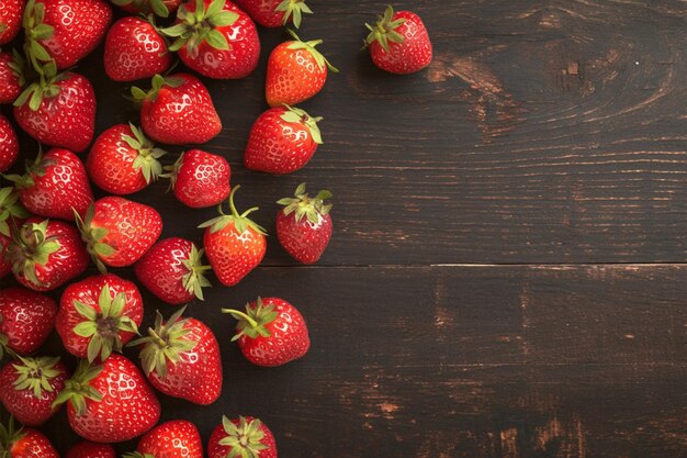 Des fraises fraîches sur un fond en bois noir vintage.