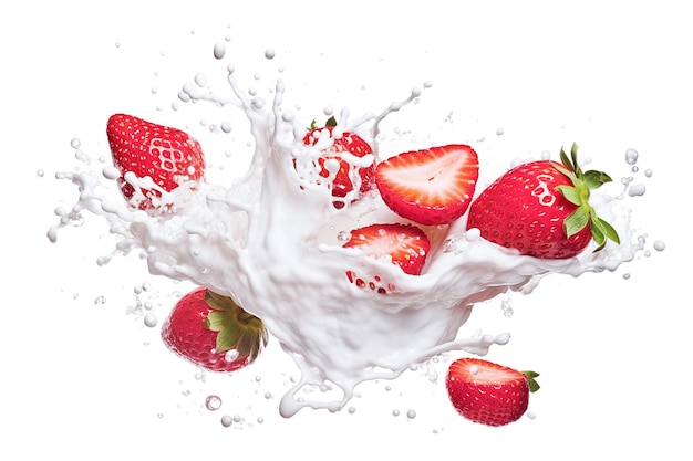 Fraises fraîches génératives AI avec éclaboussures de lait