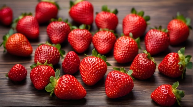 Des fraises fraîches mûres mûres et juteuses rafraîchissement arrière-plan vue supérieure d'une table en bois