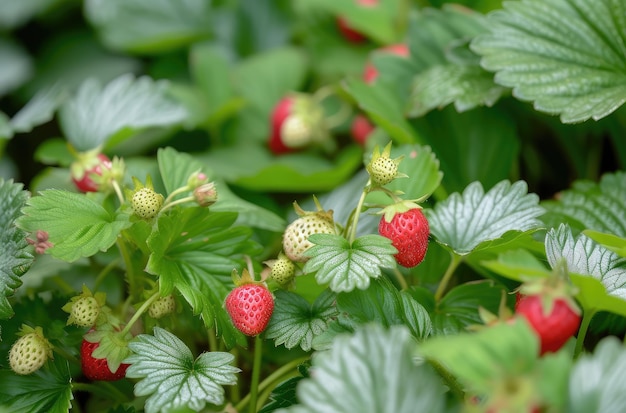 Des fraises fraîches mûrissent dans un jardin luxuriant