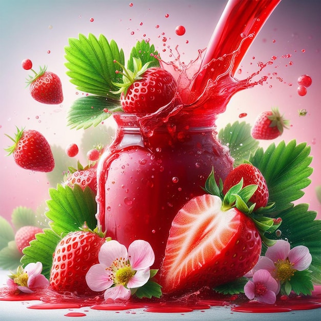 Des fraises fraîches pour les réseaux sociaux, des modèles de post, des bannières et du jus de fraise