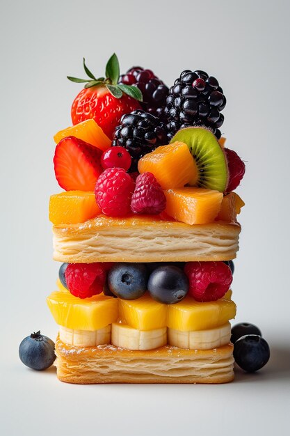 Des fraises, des framboises, des bleuets, des mangues et du gâteau d'orange.