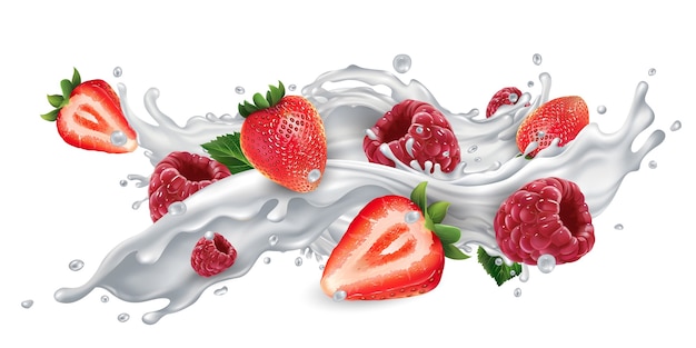 Fraises et framboises dans une éclaboussure de lait ou de yogourt.