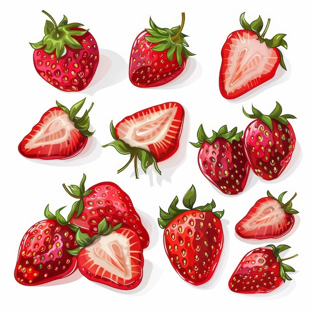 Des fraises juteuses fraîchement cueillies, une variété de fruits tranchés disposés sur un fond blanc vif.