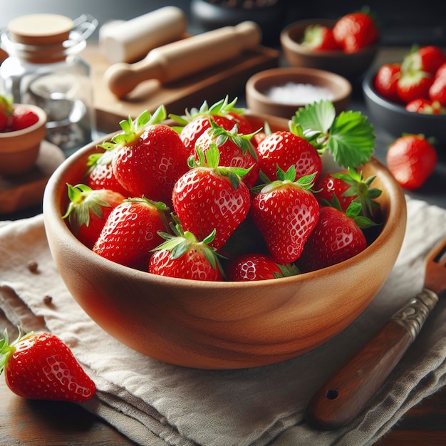 des fraises lavées juteuses dans un bol en bois sur la table de la cuisine