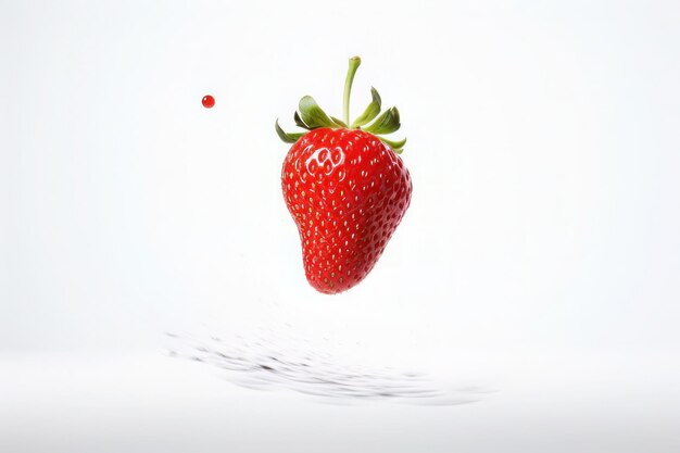 Des fraises en lévitation sur un fond blanc