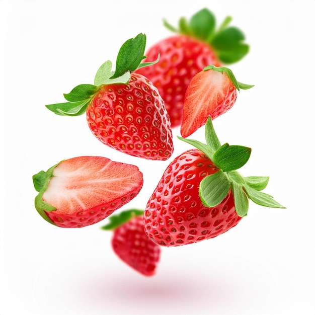 Des fraises en lévitation sur un fond blanc