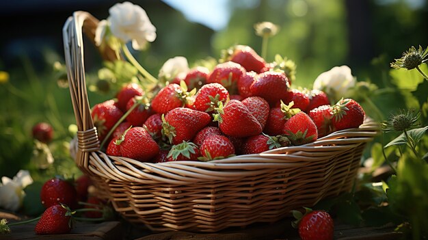 Fraises maison dans un panier en bois