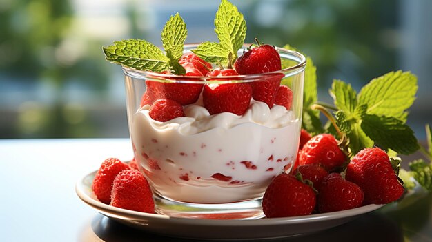 Fraises mûres à la crème dans une tasse en verre sur fond blanc