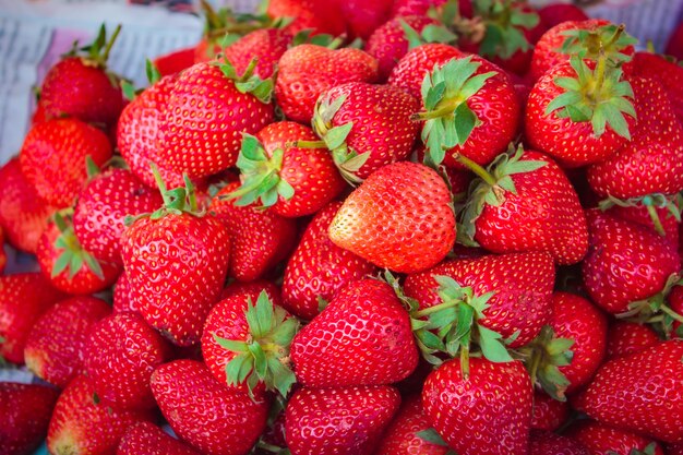 Fraises mûres pile au marché de rue.