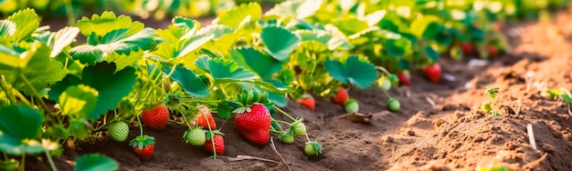 Des fraises mûres poussent dans le jardin sur le terrain Generative AI