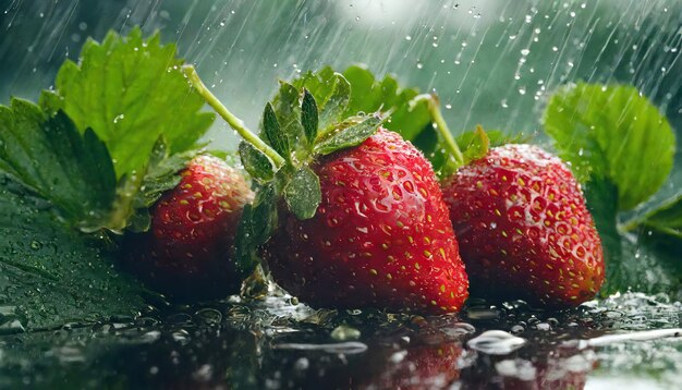 Des fraises mûres sous la pluie d'été