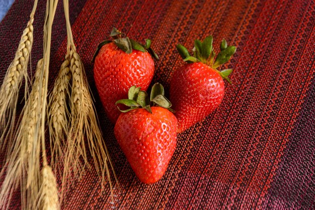 Fraises sur nappe texturée rouge