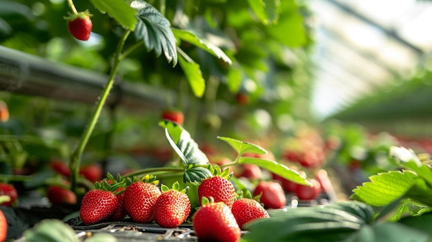 Photo les fraises poussent en serre en gros plan