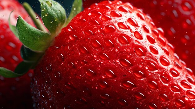 Photo des fraises rouges délicieuses avec des gouttelettes d'eau rafraîchissante et des feuilles vertes vibrantes sur une table lumineuse