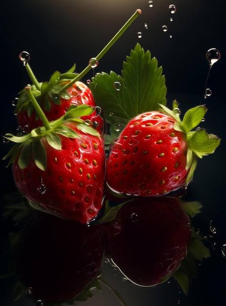 Fraises rouges fraîches dans l'eau gouttes Baies juteuses sur le fond réfléchissant noir Gros plan AI générative