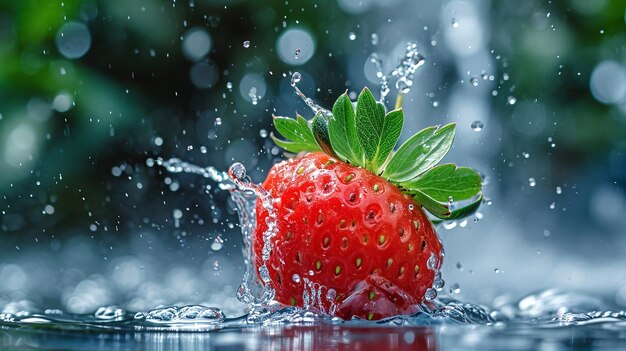 Photo des fraises rouges qui s'éclaboussent dans l'eau.