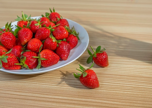 Fraises sucrées sur une assiette blanche