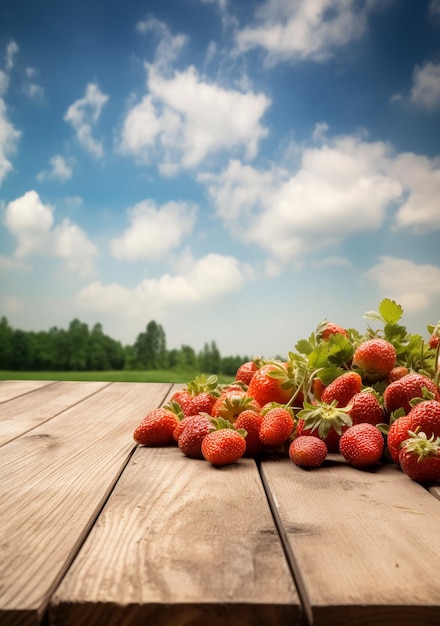 Fraises sur une table en bois avec un ciel bleu en arrière-plan