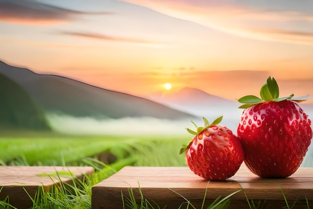 Des fraises sur une table en bois sur un fond de coucher de soleil