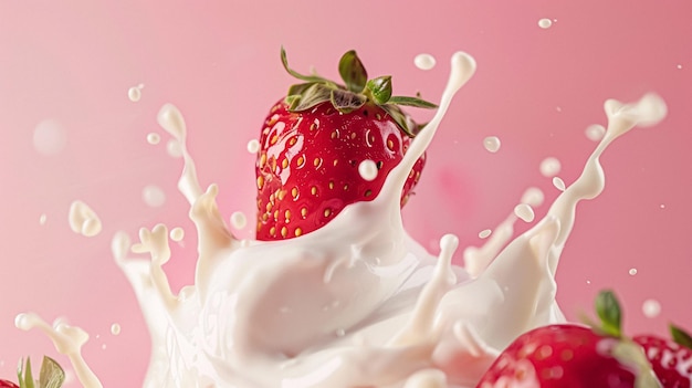 Des fraises tombant dans du lait à la crème ou du yogourt sur un fond rose dessert de fraises
