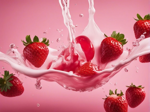 Des fraises vibrantes, du lait éclaboussé, des fruits rafraîchissants, délicieux et appétissants.