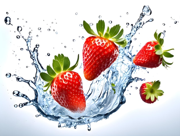 Photo des fraises volantes avec un peu d'eau.