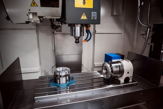 Fraiseuse CNC pour le travail des métaux. Couper la technologie de traitement moderne des métaux. Petite profondeur de champ. Attention - prise de vue authentique dans des conditions difficiles. Un peu de grain et peut-être flou.