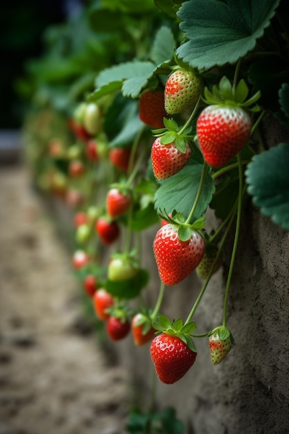 Un fraisier aux feuilles vertes et aux baies rouges